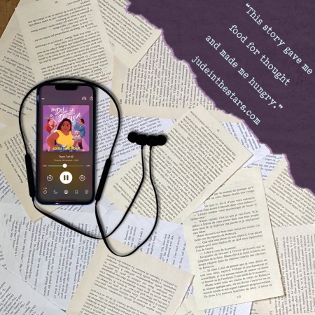 On a backdrop of book pages, an iPhone with the cover of The Dos and Donuts of Love by Adiba Jaigirdar, narrated by Priya Ayyar. In the top right corner of the image, a strip of torn paper with a quote: "This story gave me food for thought… and made me hungry." and a URL: judeinthestars.com.