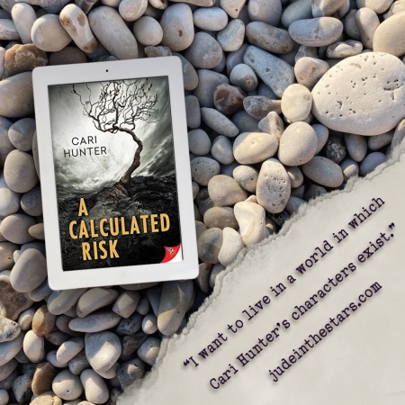 On a backdrop of pebbles, an iPad with the cover of A Calculated Risk by Cari Hunter. In the bottom right corner of the image, a strip of torn paper with a quote: "I want to live in a world in which Cari Hunter’s characters exist." and a URL: judeinthestars.com.